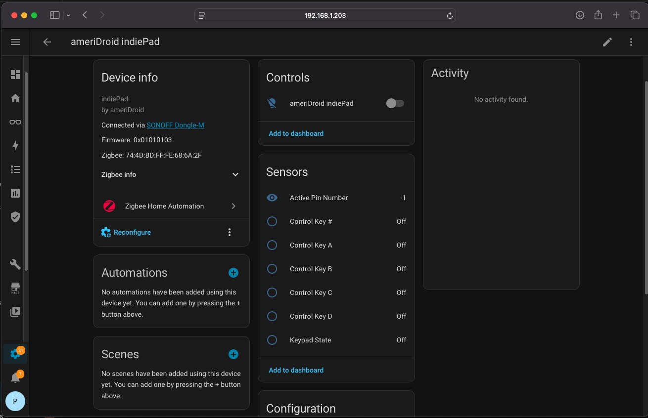 Home Assistant indiePad entities