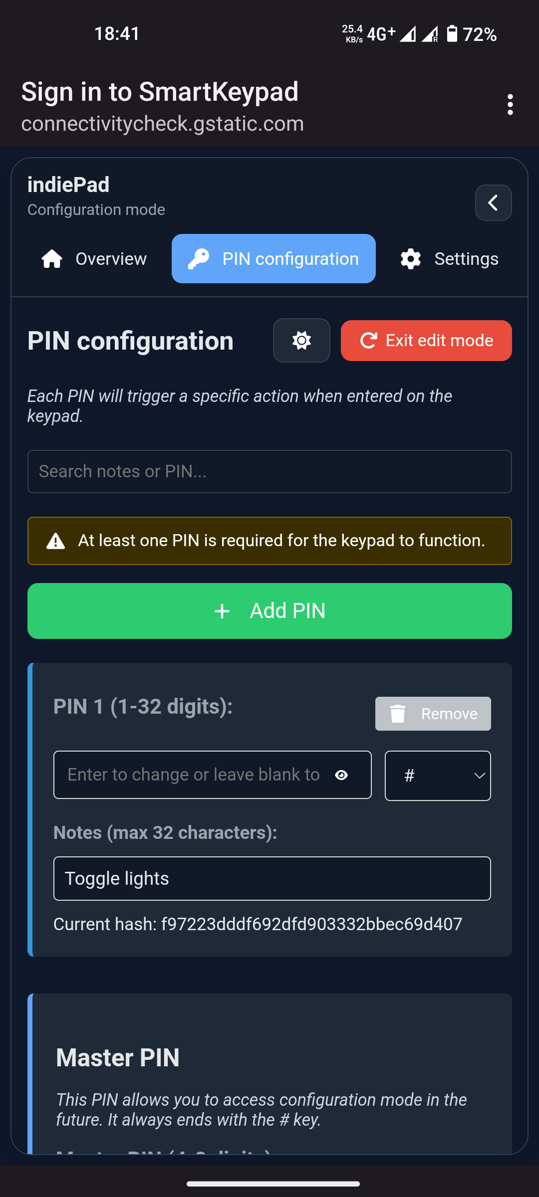 PIN configuration in the portal