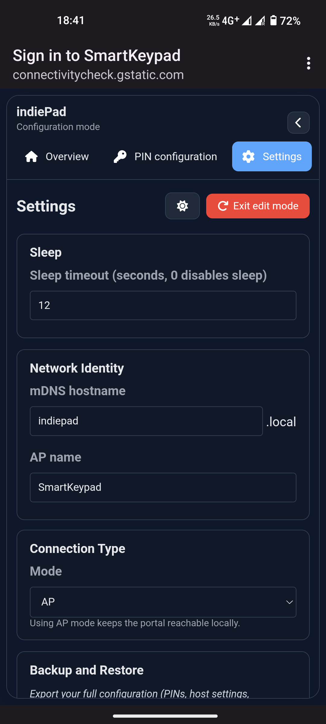Settings - sleep, mDNS and connection type