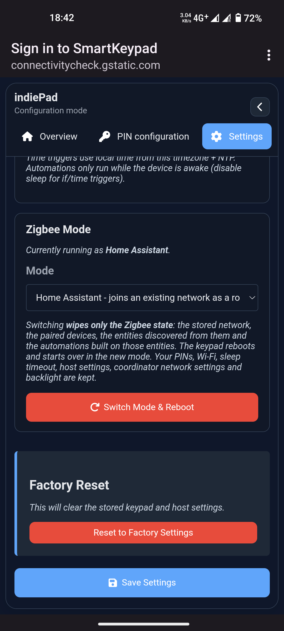 Switching Zigbee mode in Settings