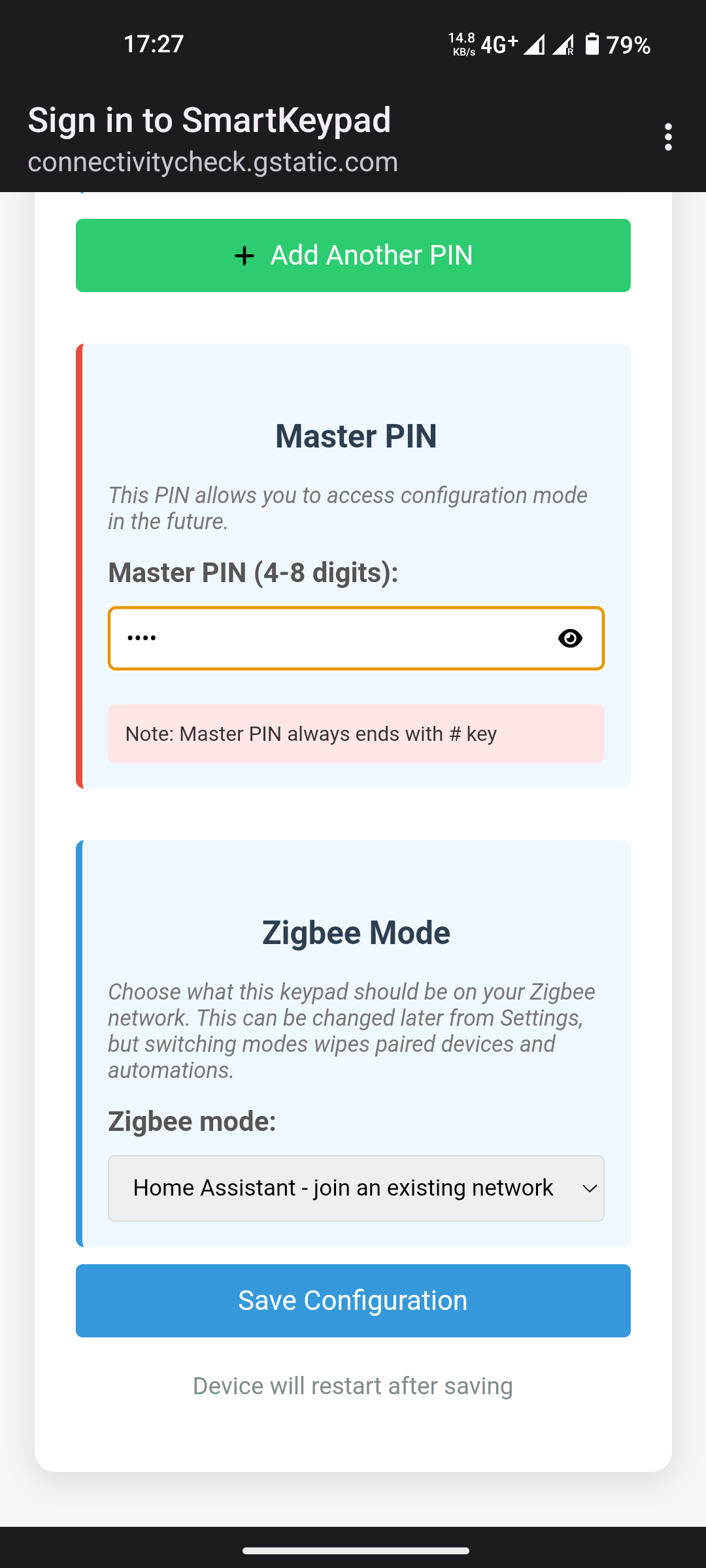 Wizard - master PIN and Zigbee mode