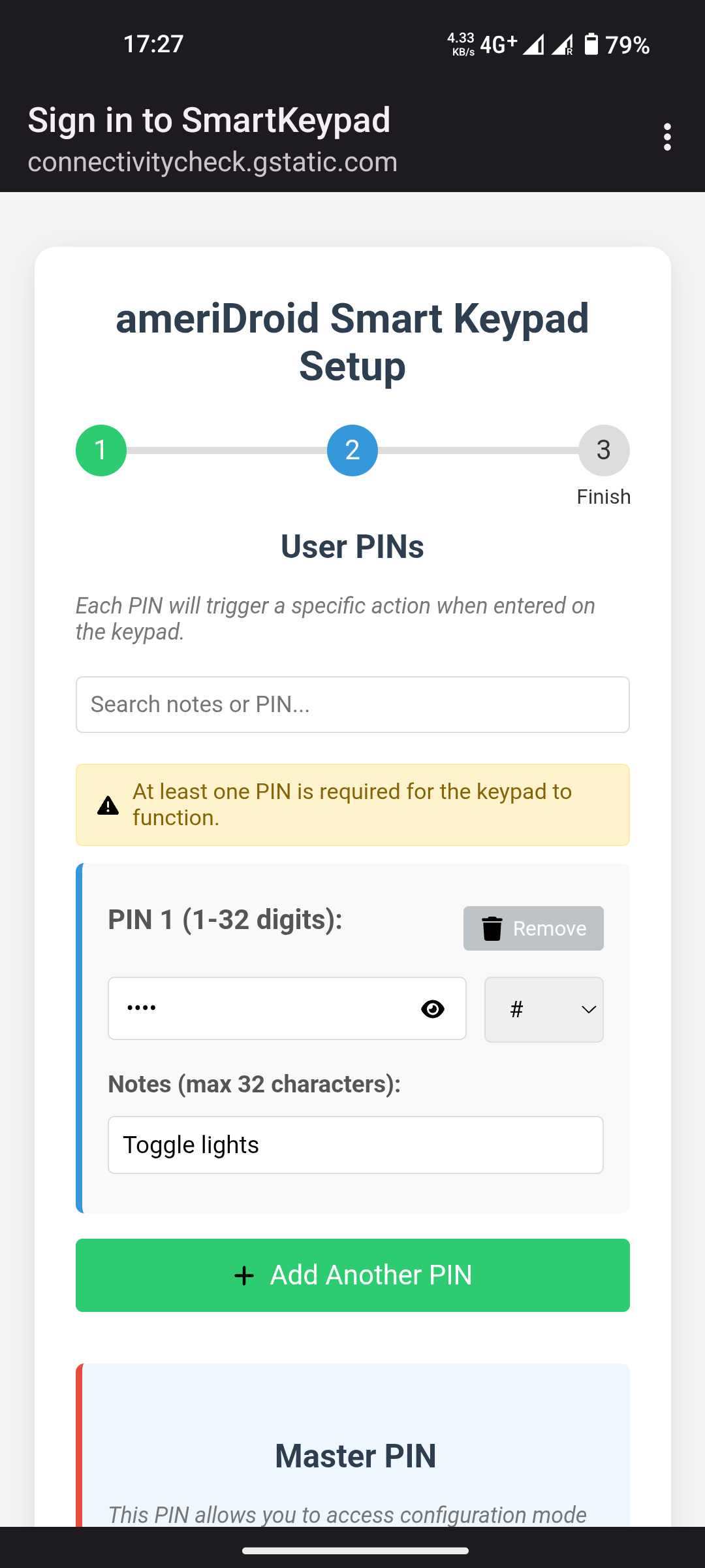 Wizard - adding user PINs